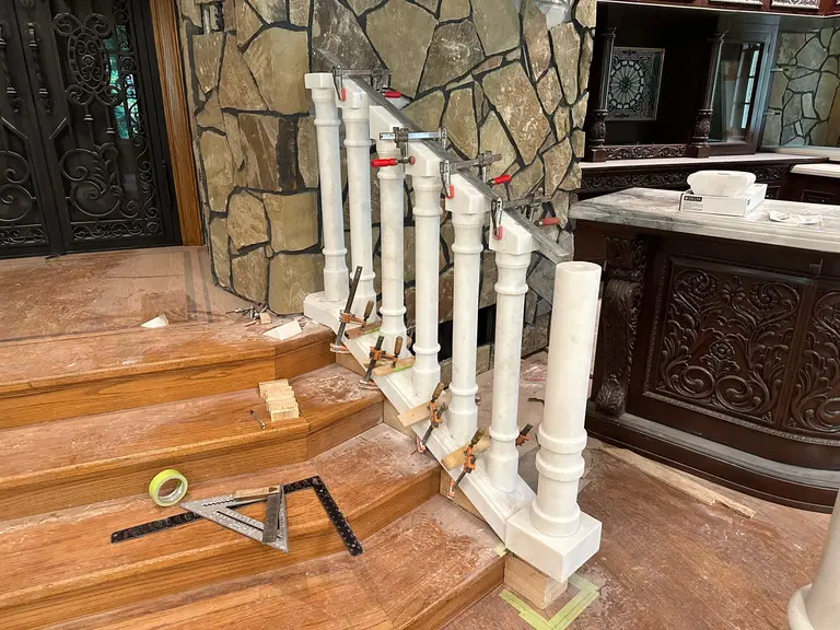 Custom Marble Balustrade System & Tudor Style Marble Mantel